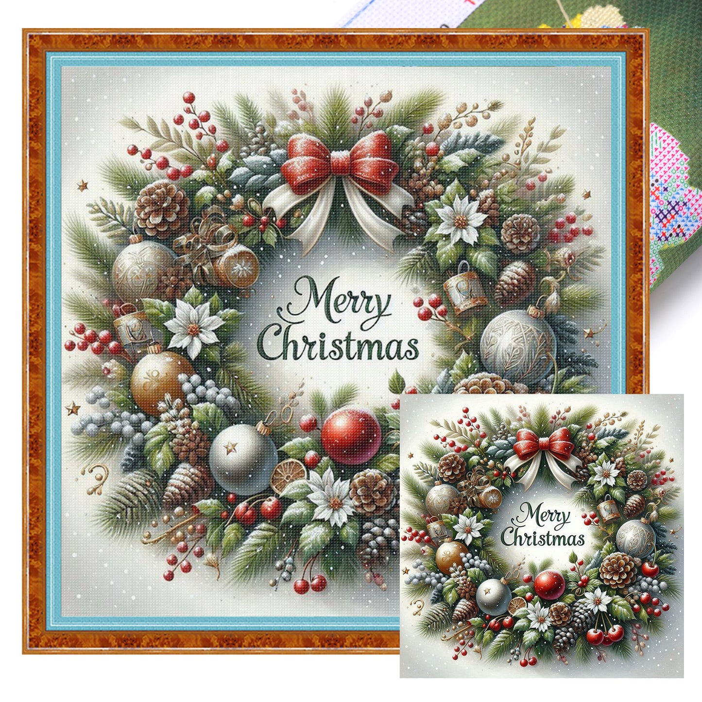 Classic Red & Green Christmas Wreath - Full 11CT Stamped Cross Stitch 40x40CM - Huacan