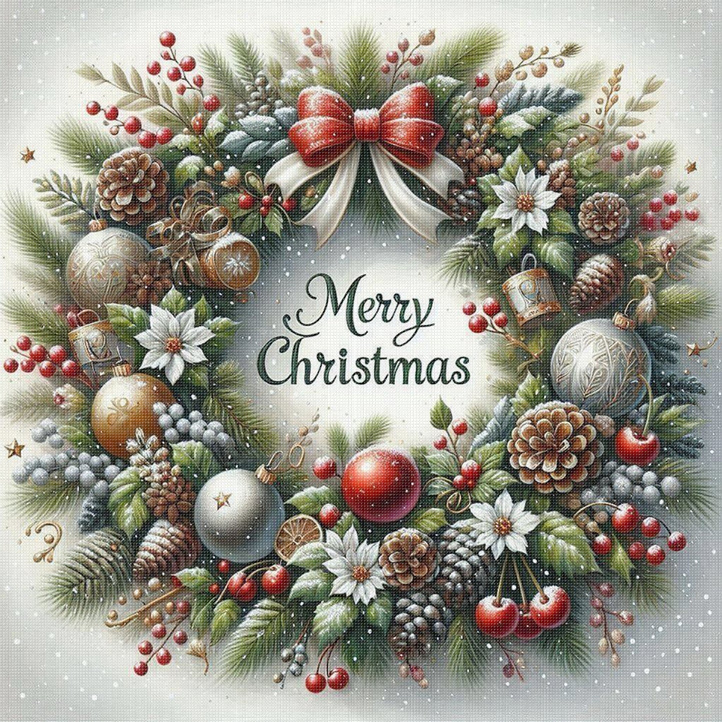 Classic Red & Green Christmas Wreath - Full 11CT Stamped Cross Stitch 40x40CM - Huacan