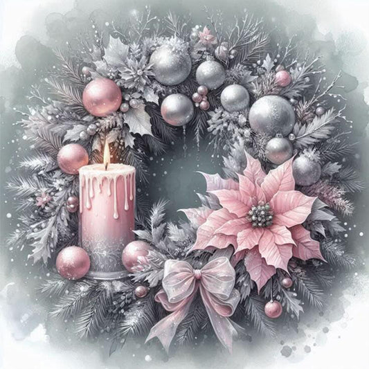 Soft Pink & Silver Candle Wreath - Full 11CT Stamped Cross Stitch 40x40CM - Huacan
