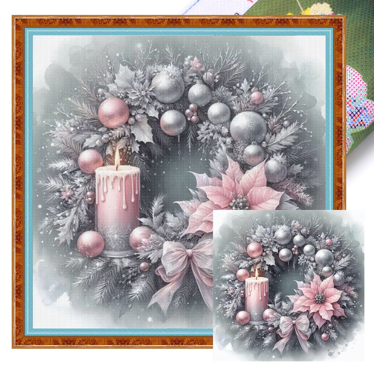 Soft Pink & Silver Candle Wreath - Full 11CT Stamped Cross Stitch 40x40CM - Huacan