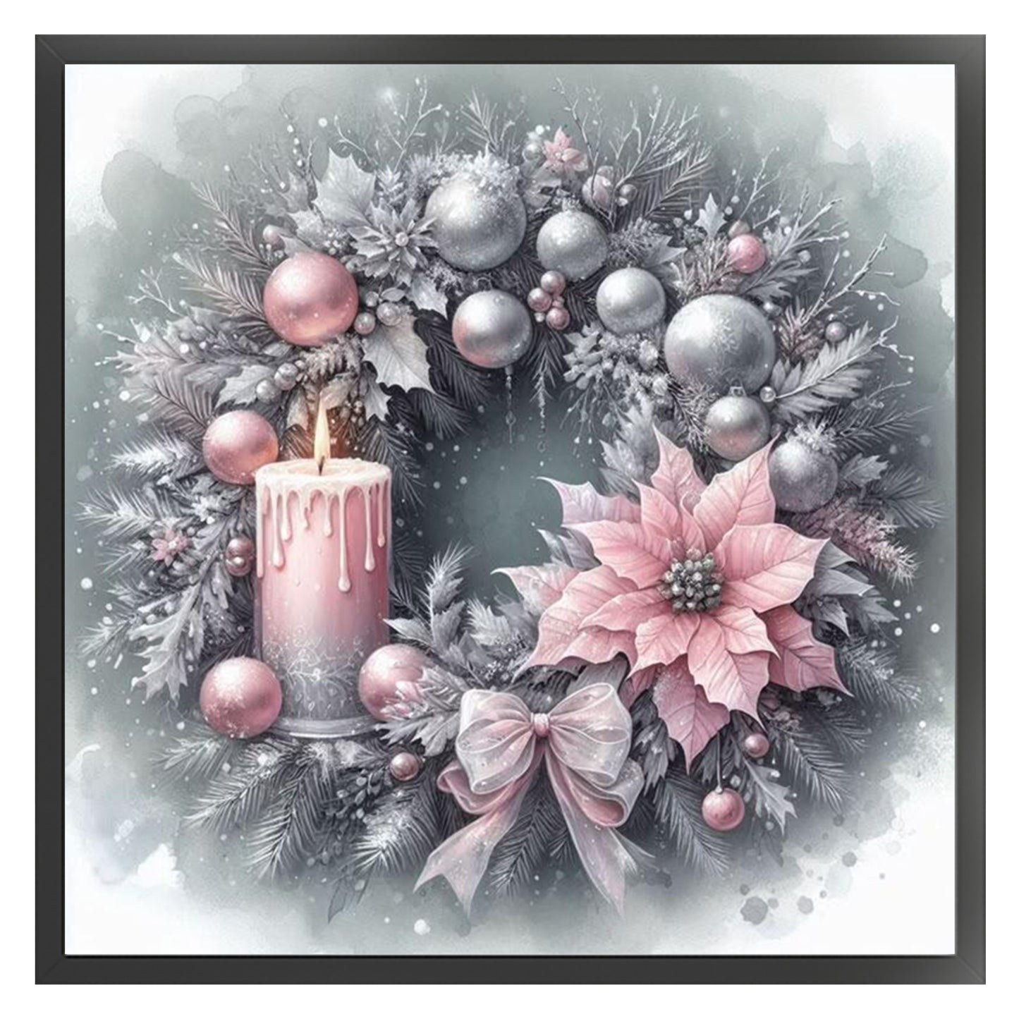 Soft Pink & Silver Candle Wreath - Full 11CT Stamped Cross Stitch 40x40CM - Huacan
