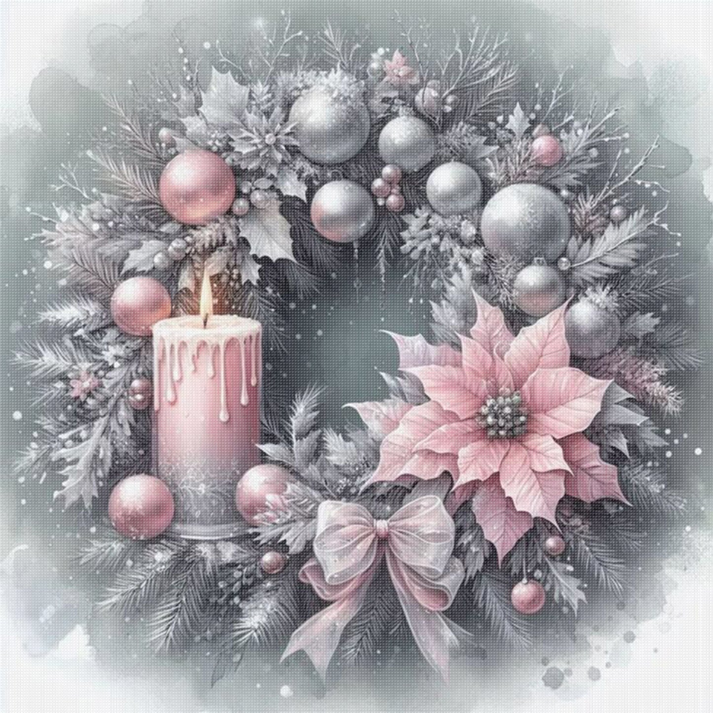 Soft Pink & Silver Candle Wreath - Full 11CT Stamped Cross Stitch 40x40CM - Huacan