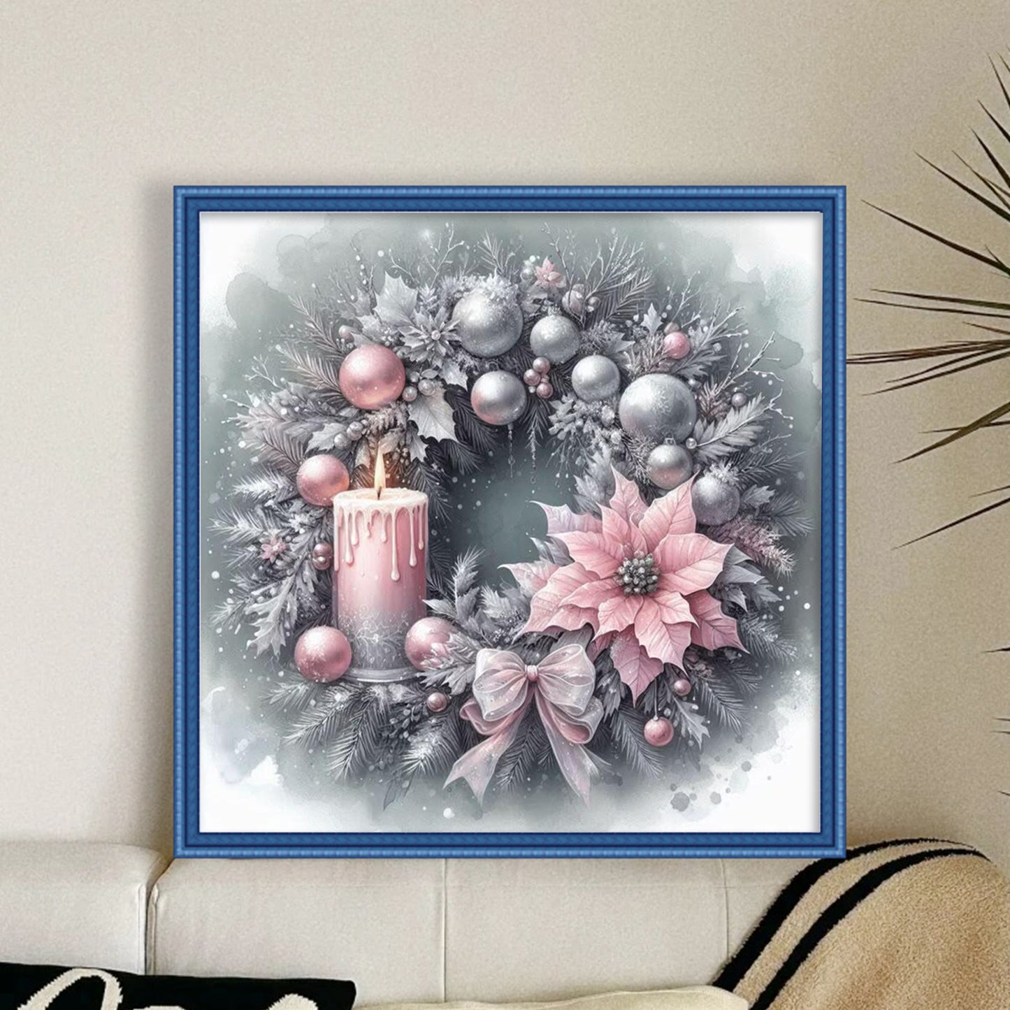 Soft Pink & Silver Candle Wreath - Full 11CT Stamped Cross Stitch 40x40CM - Huacan