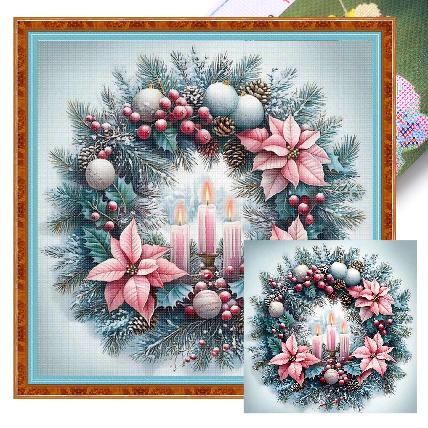Ice Blue & Pink Candle Christmas Wreath - Full 11CT Stamped Cross Stitch 40x40CM - Huacan