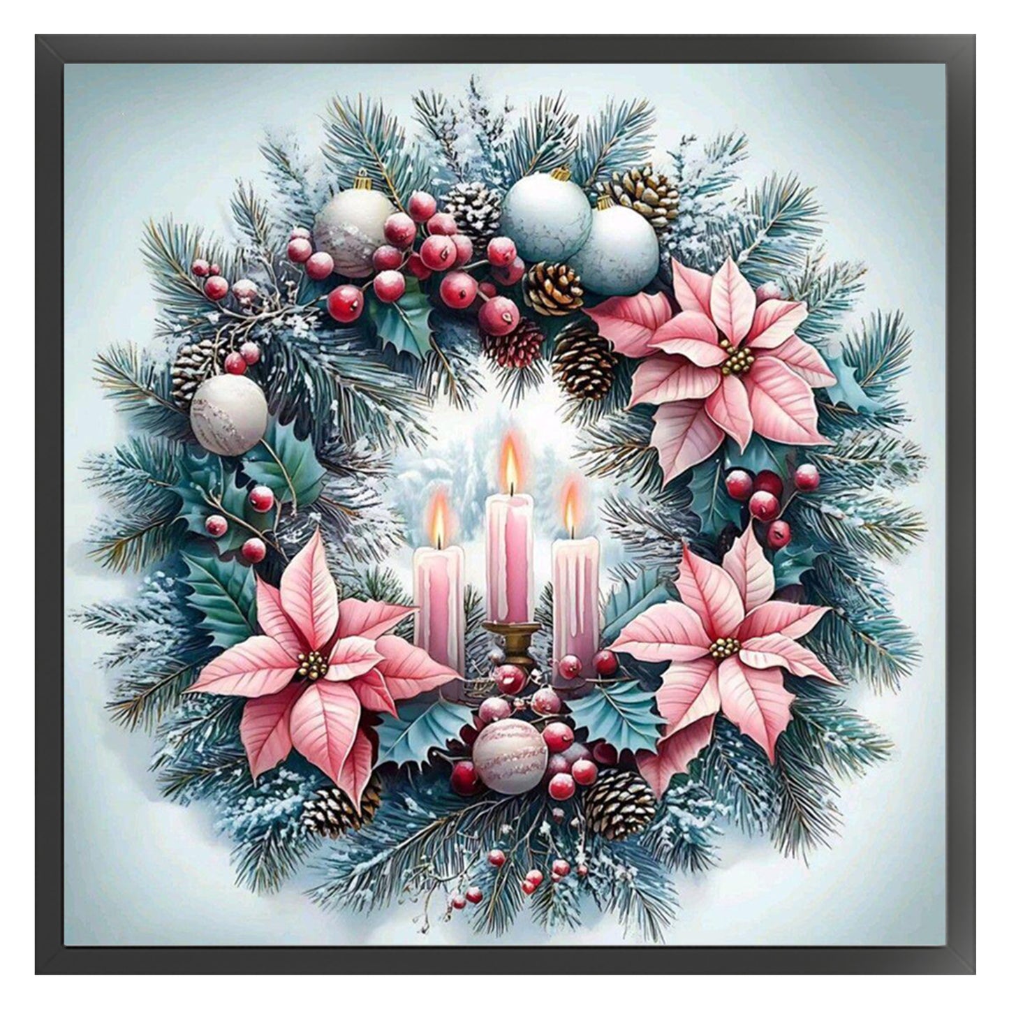 Ice Blue & Pink Candle Christmas Wreath - Full 11CT Stamped Cross Stitch 40x40CM - Huacan