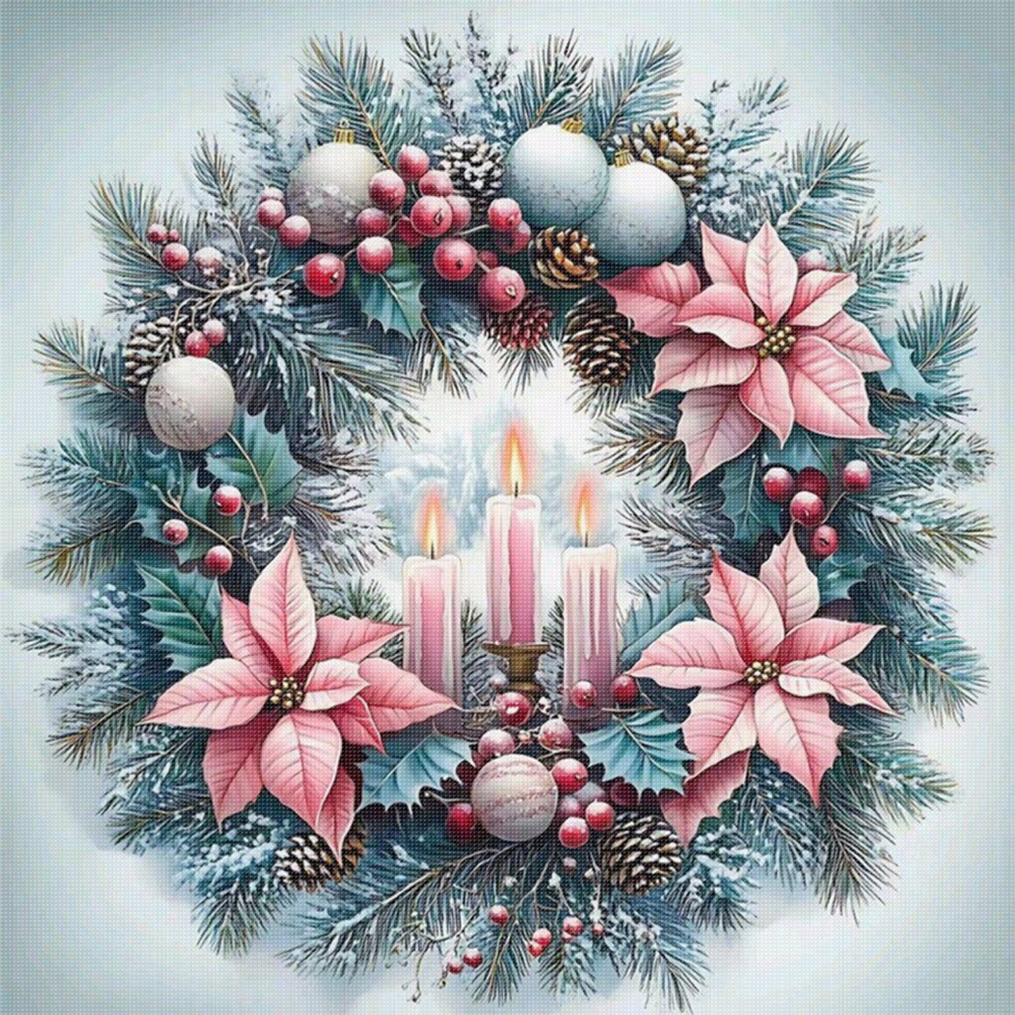 Ice Blue & Pink Candle Christmas Wreath - Full 11CT Stamped Cross Stitch 40x40CM - Huacan