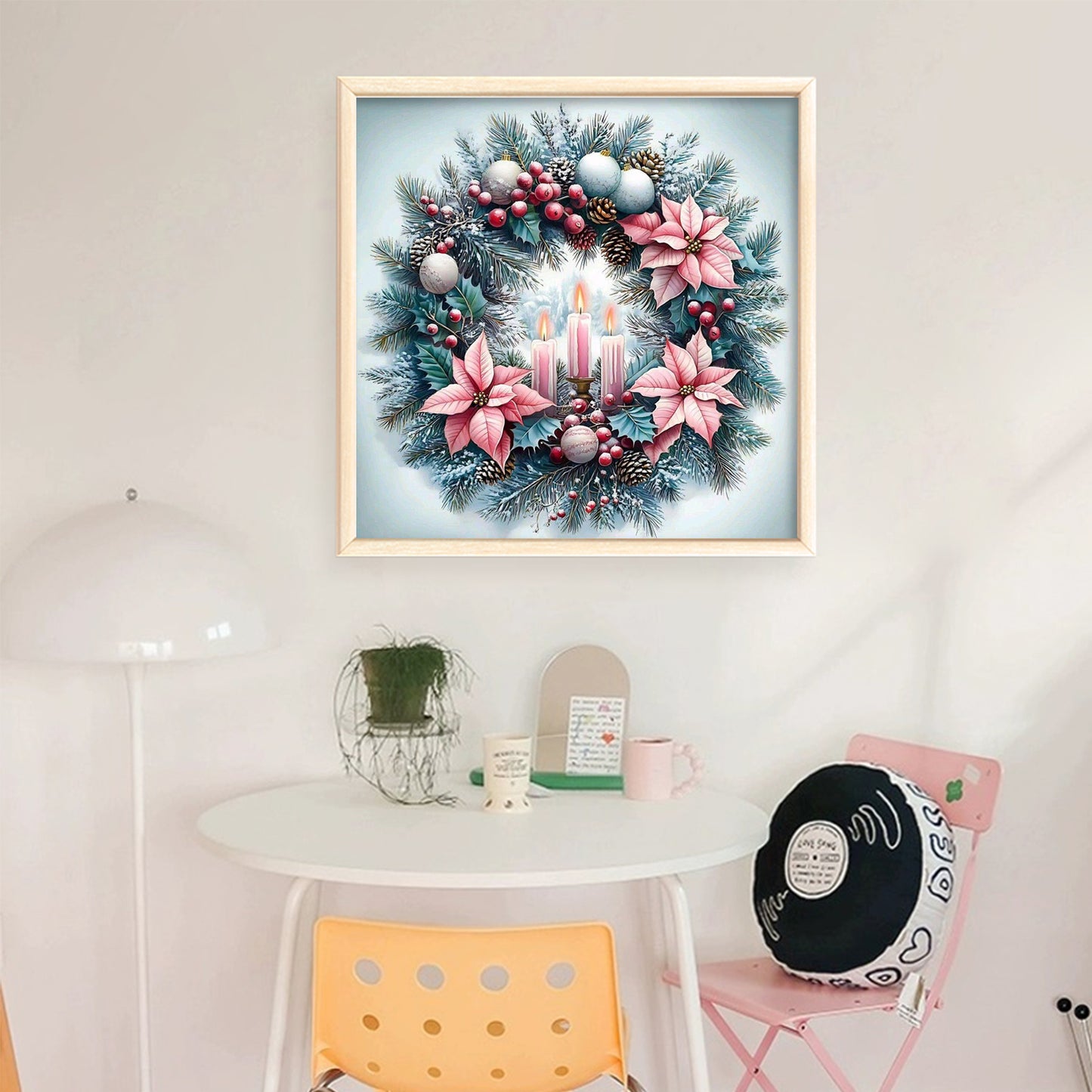 Ice Blue & Pink Candle Christmas Wreath - Full 11CT Stamped Cross Stitch 40x40CM - Huacan