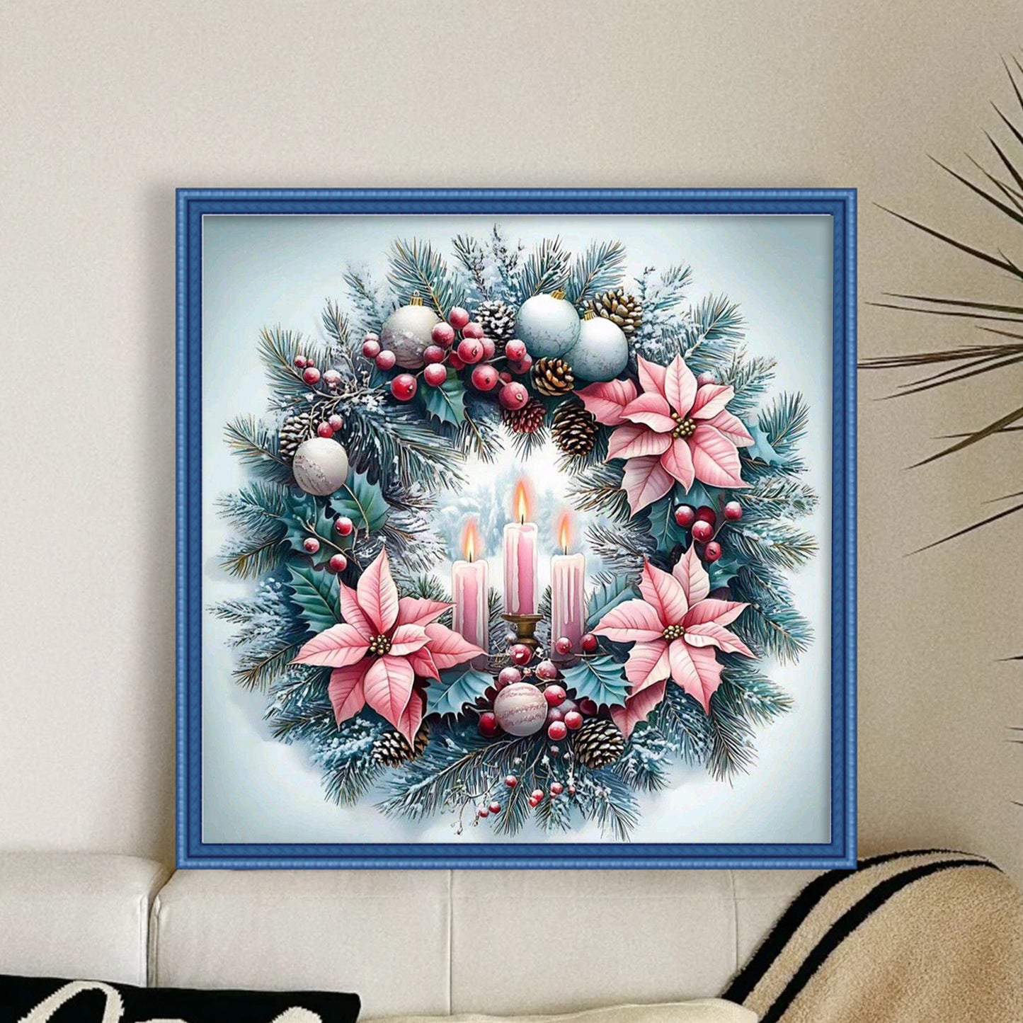 Ice Blue & Pink Candle Christmas Wreath - Full 11CT Stamped Cross Stitch 40x40CM - Huacan