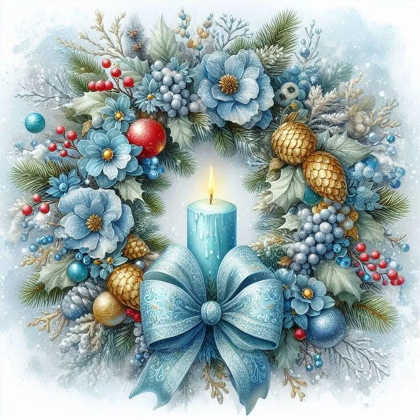 Blue Tone Floral Candle Christmas Wreath - Full 11CT Stamped Cross Stitch 40x40CM - Huacan