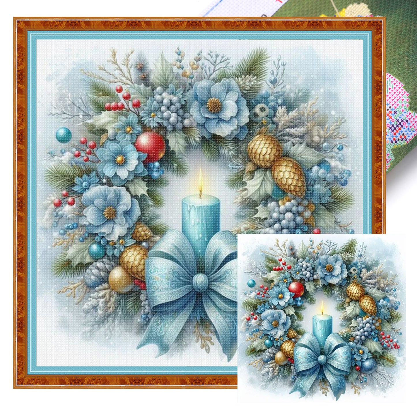 Blue Tone Floral Candle Christmas Wreath - Full 11CT Stamped Cross Stitch 40x40CM - Huacan