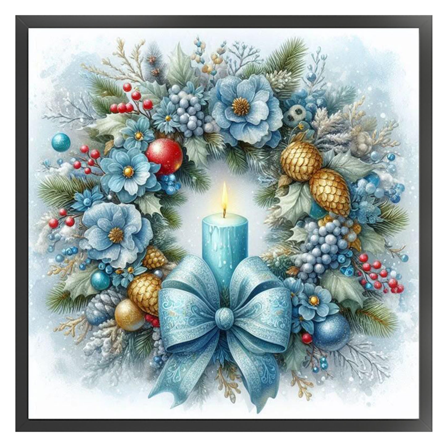 Blue Tone Floral Candle Christmas Wreath - Full 11CT Stamped Cross Stitch 40x40CM - Huacan