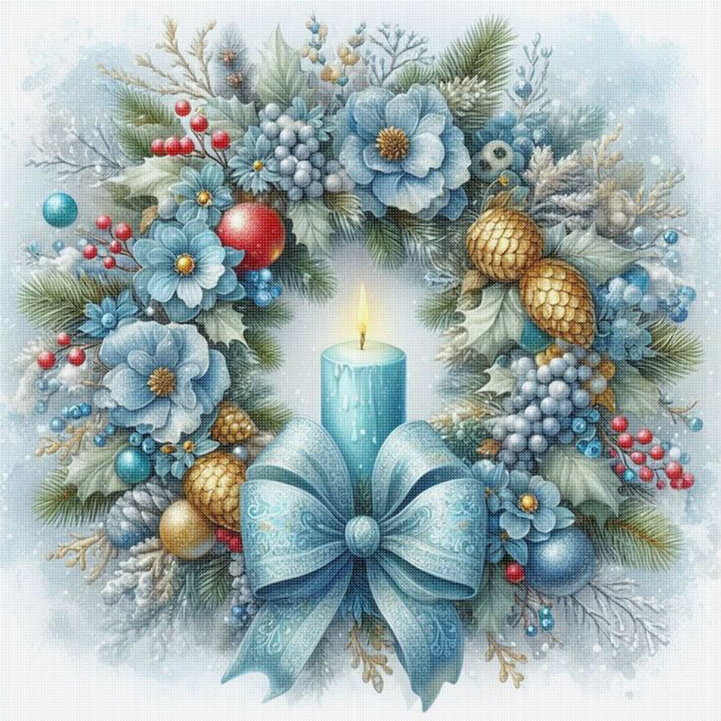 Blue Tone Floral Candle Christmas Wreath - Full 11CT Stamped Cross Stitch 40x40CM - Huacan