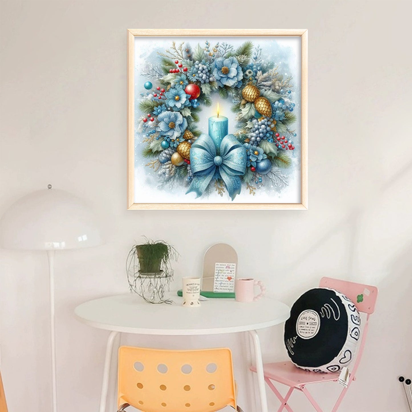 Blue Tone Floral Candle Christmas Wreath - Full 11CT Stamped Cross Stitch 40x40CM - Huacan