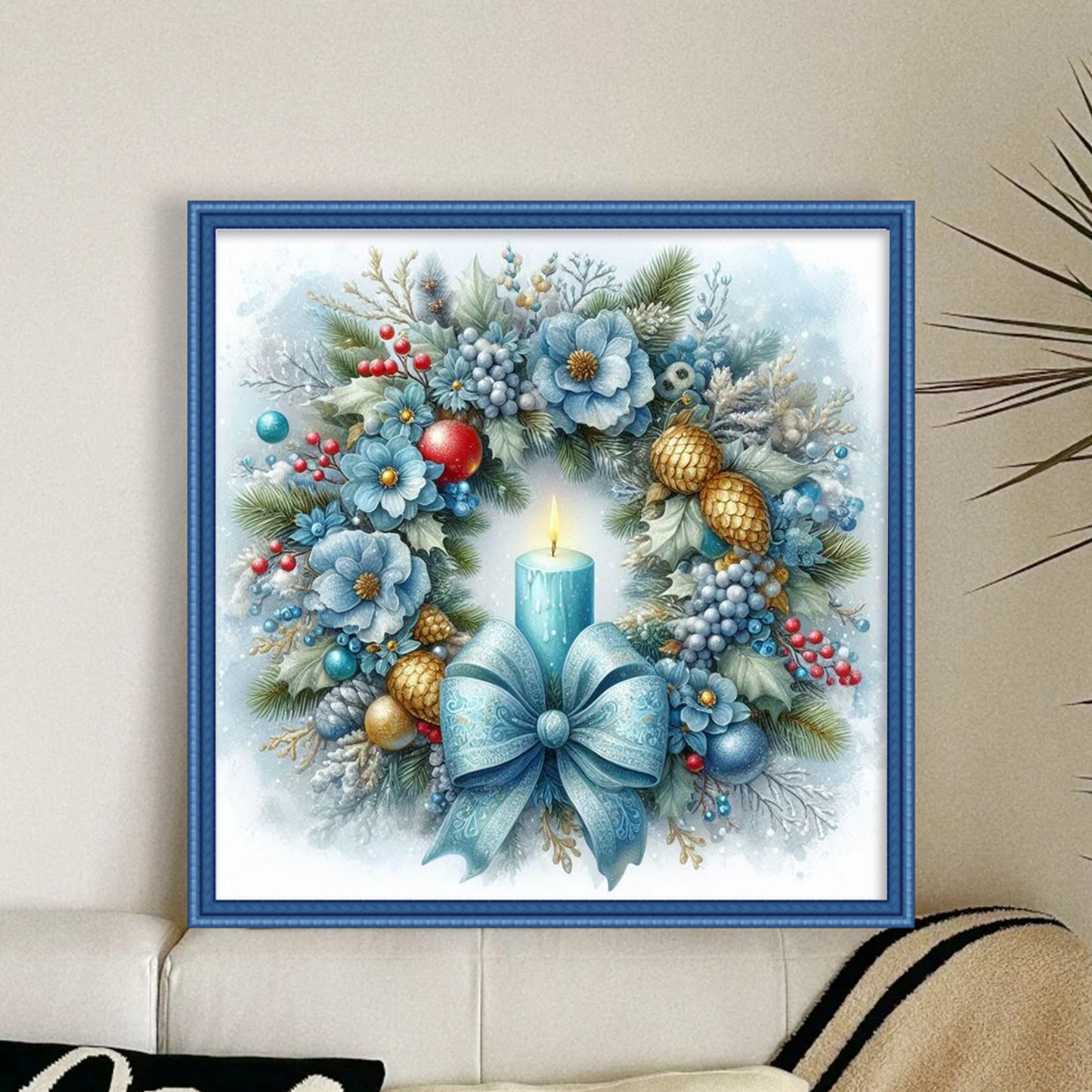Blue Tone Floral Candle Christmas Wreath - Full 11CT Stamped Cross Stitch 40x40CM - Huacan