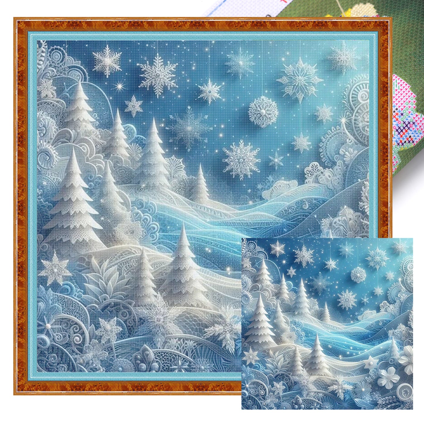 Blue Tone Lace Paper Art Forest - Full 11CT Stamped Cross Stitch 45x45CM - Huacan