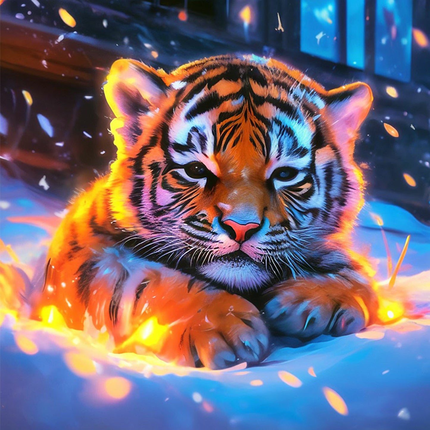 Neon Flame Tiger Cub - Full 11CT Stamped Cross Stitch 40x40CM - Huacan