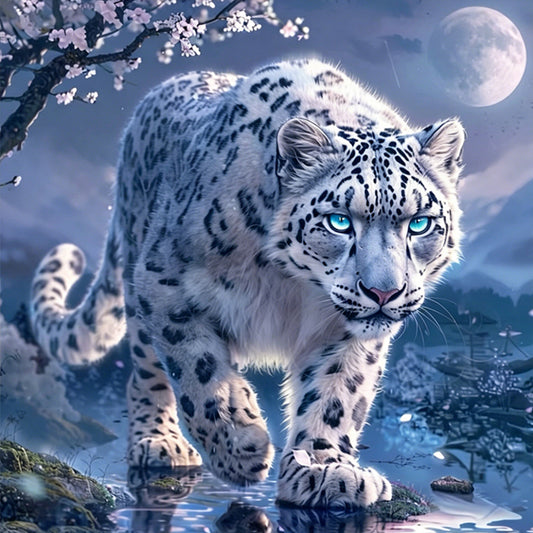 Snow Leopard Under Moonlit Cherry Blossoms - Full 11CT Stamped Cross Stitch 40x40CM - Huacan