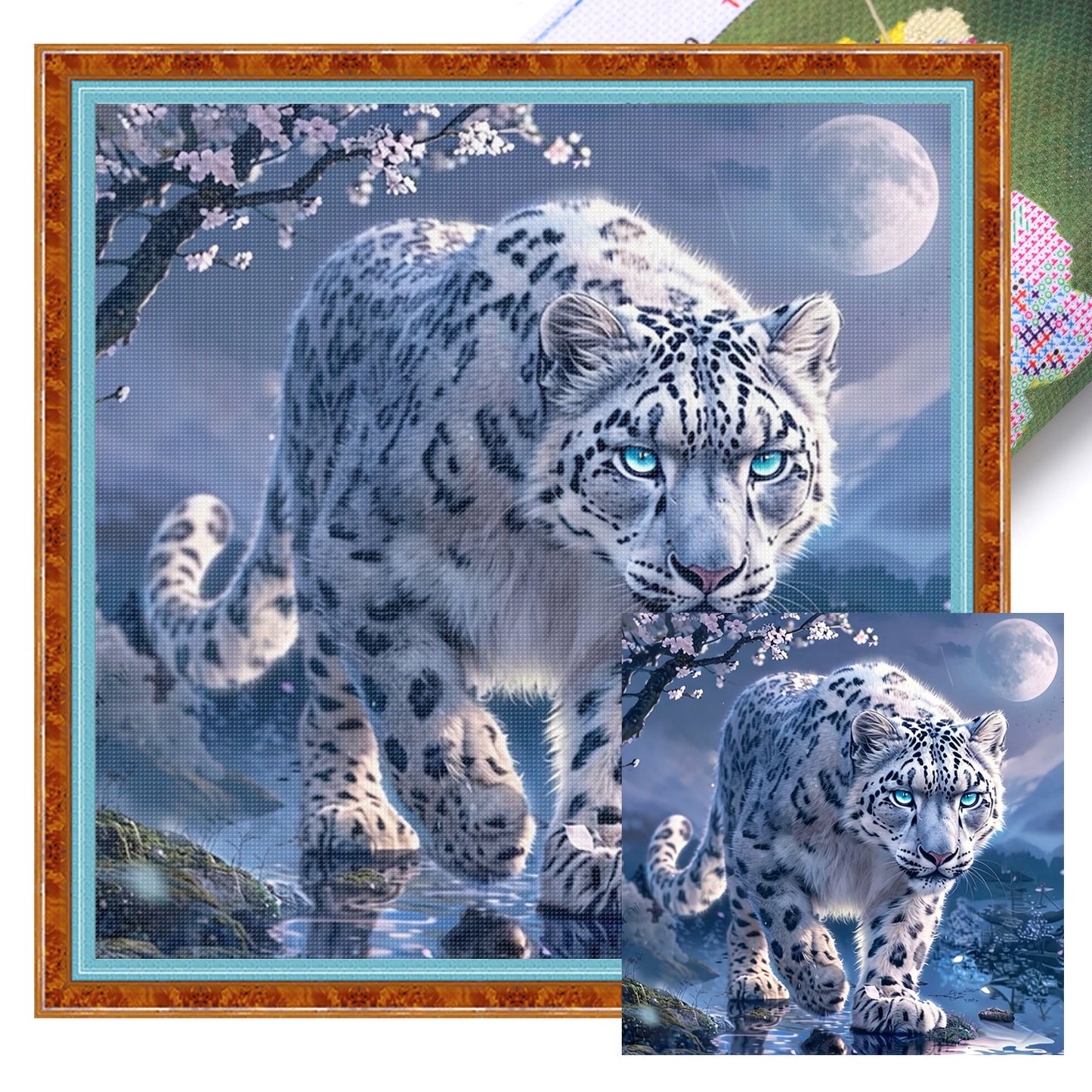Snow Leopard Under Moonlit Cherry Blossoms - Full 11CT Stamped Cross Stitch 40x40CM - Huacan