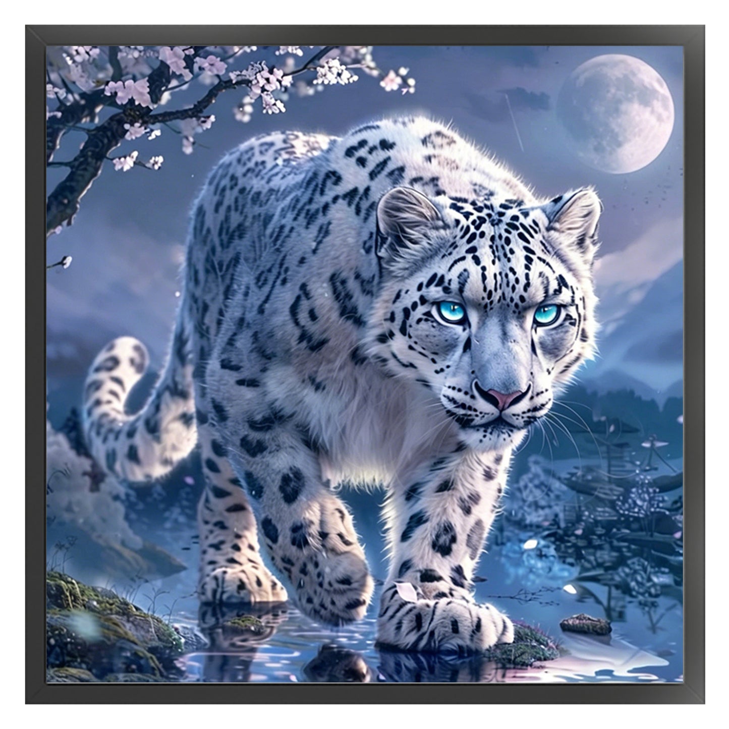 Snow Leopard Under Moonlit Cherry Blossoms - Full 11CT Stamped Cross Stitch 40x40CM - Huacan