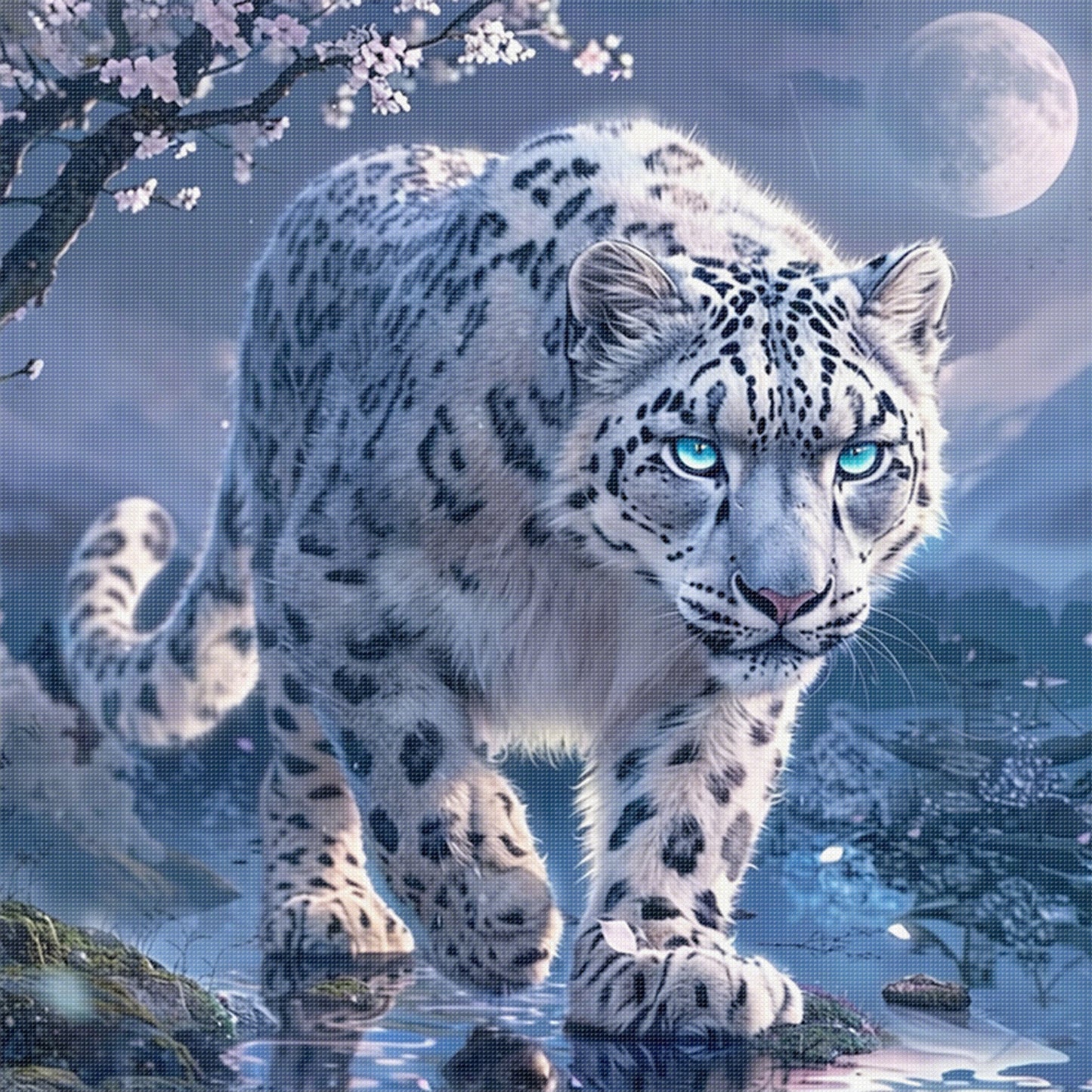 Snow Leopard Under Moonlit Cherry Blossoms - Full 11CT Stamped Cross Stitch 40x40CM - Huacan