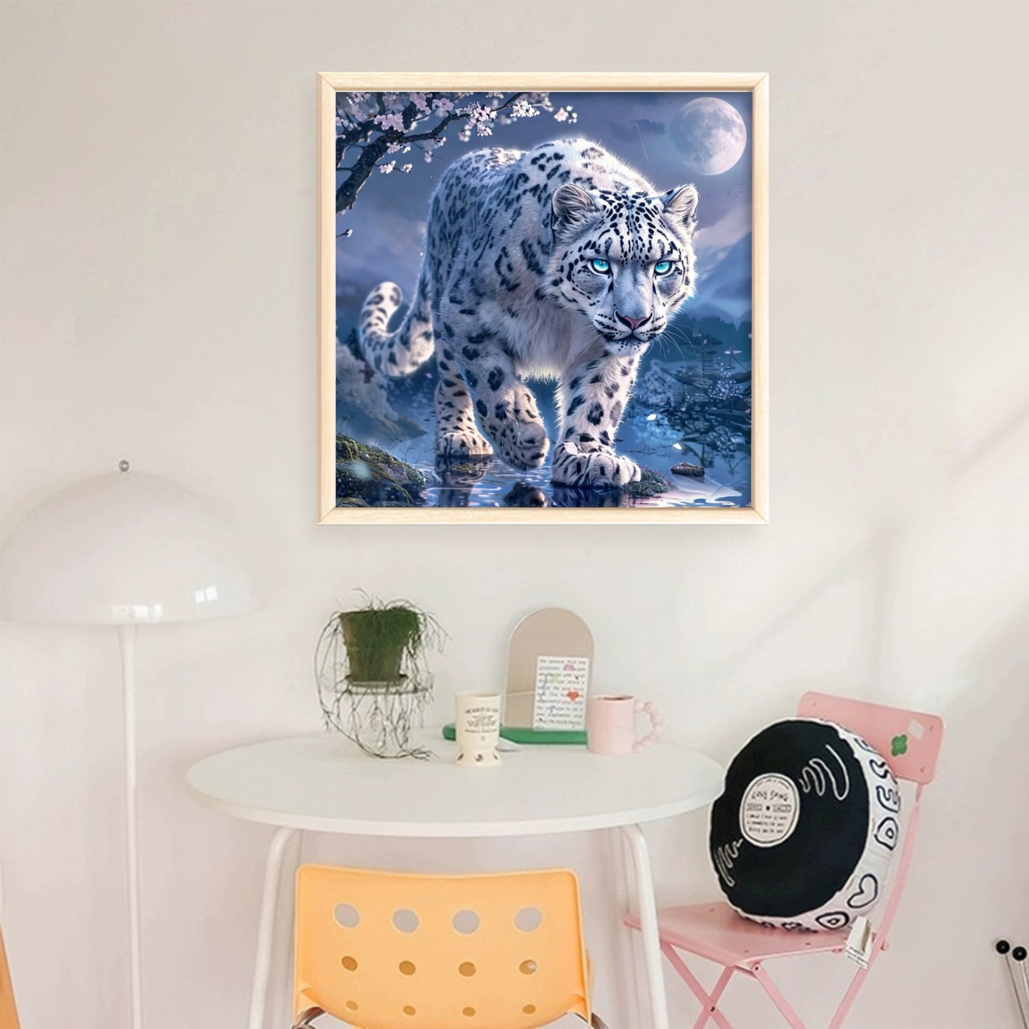Snow Leopard Under Moonlit Cherry Blossoms - Full 11CT Stamped Cross Stitch 40x40CM - Huacan