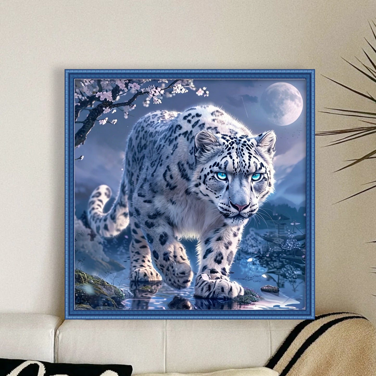 Snow Leopard Under Moonlit Cherry Blossoms - Full 11CT Stamped Cross Stitch 40x40CM - Huacan