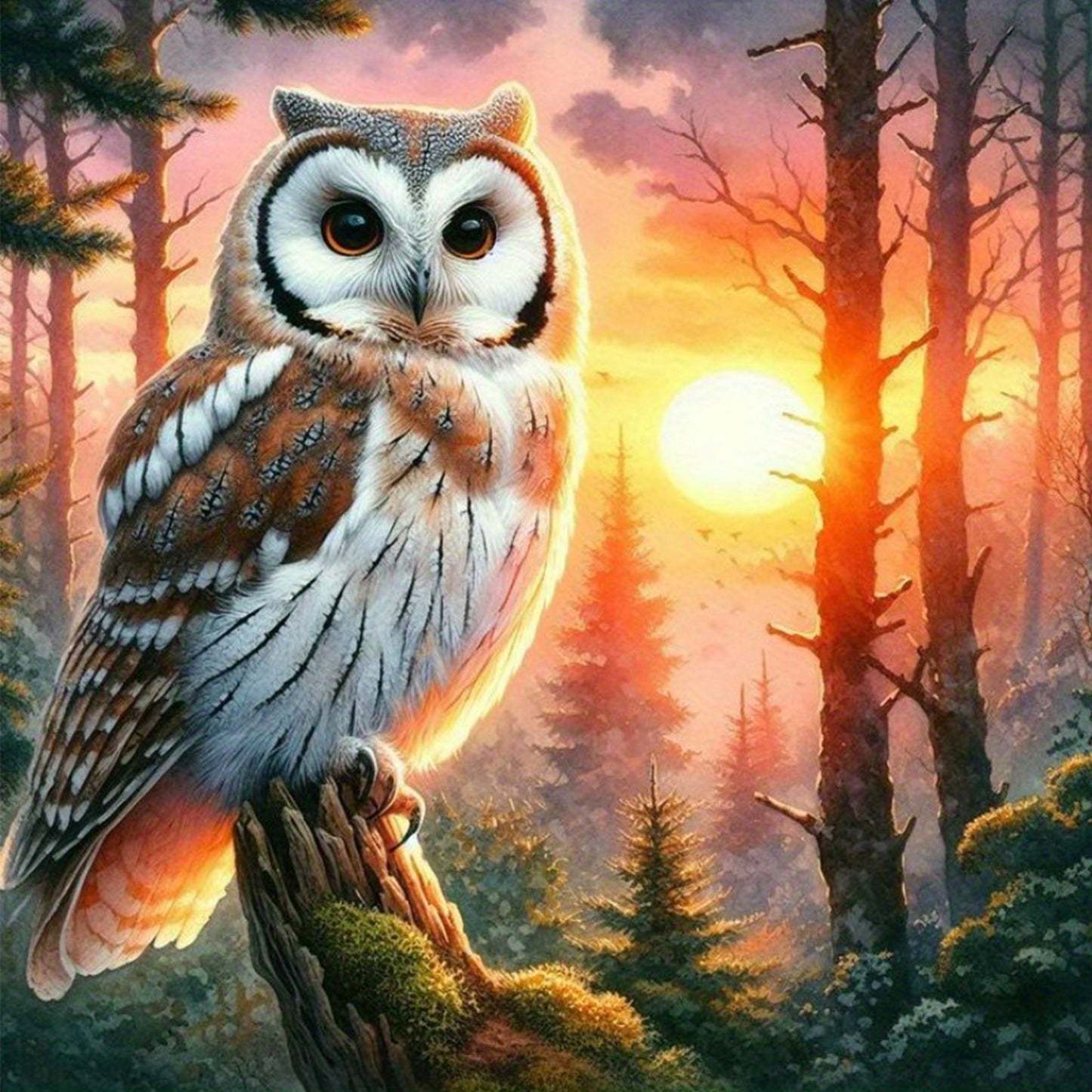 Forest Owl Sunset - Full 11CT Stamped Cross Stitch 40x40CM - Huacan
