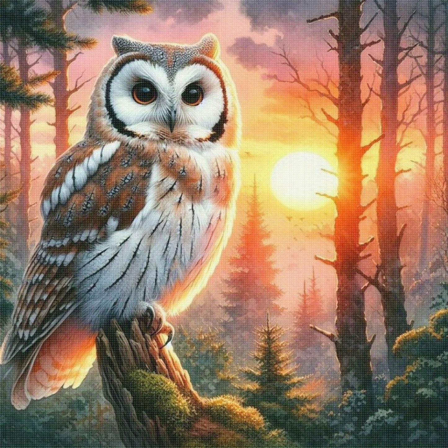 Forest Owl Sunset - Full 11CT Stamped Cross Stitch 40x40CM - Huacan