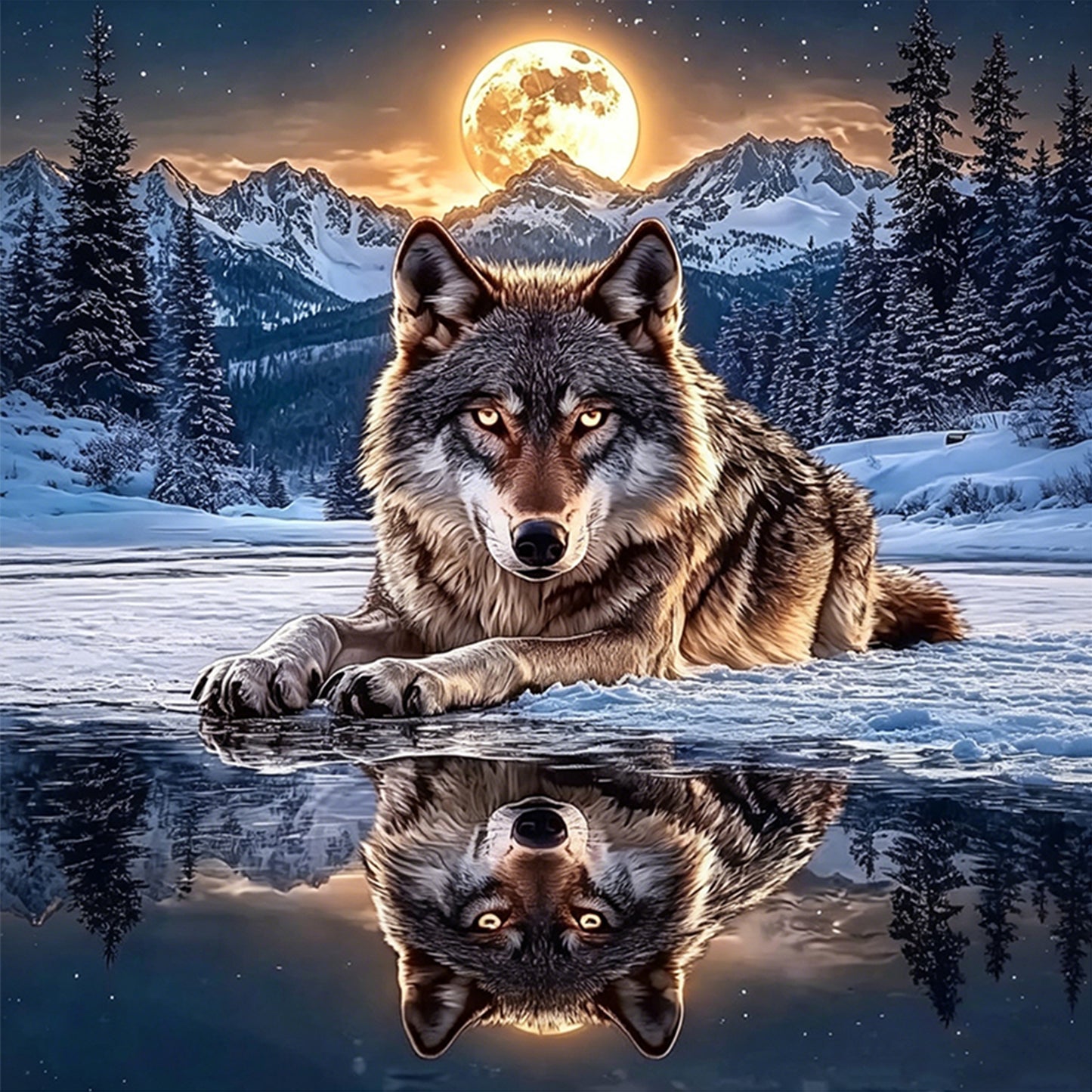 Moonlit Wolf - Full 11CT Stamped Cross Stitch 40x40CM - Huacan