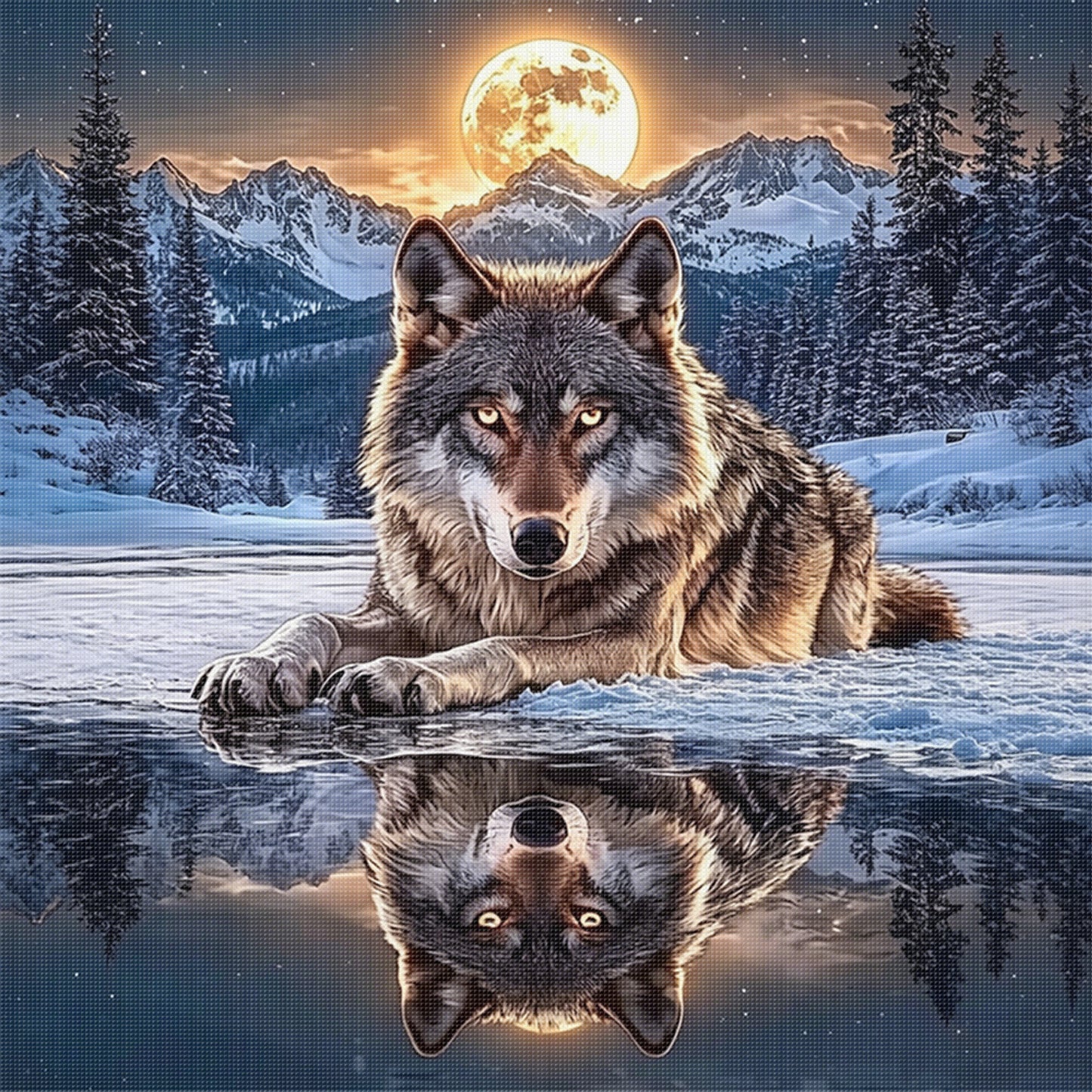 Moonlit Wolf - Full 11CT Stamped Cross Stitch 40x40CM - Huacan
