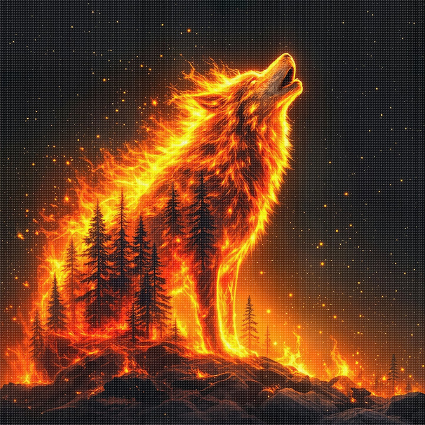 Fire Wolf Howl - Full 11CT Stamped Cross Stitch 40x40CM - Huacan