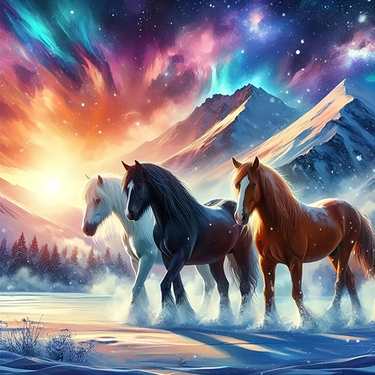 Three Wild Horses - Full 11CT Stamped Cross Stitch 40x40CM - Huacan
