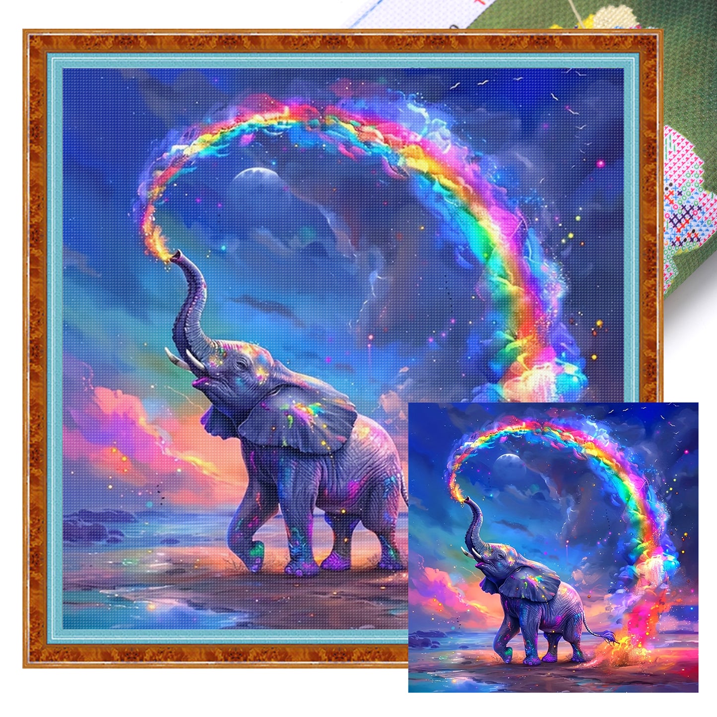 Rainbow Elephant - Full 11CT Stamped Cross Stitch 40x40CM - Huacan
