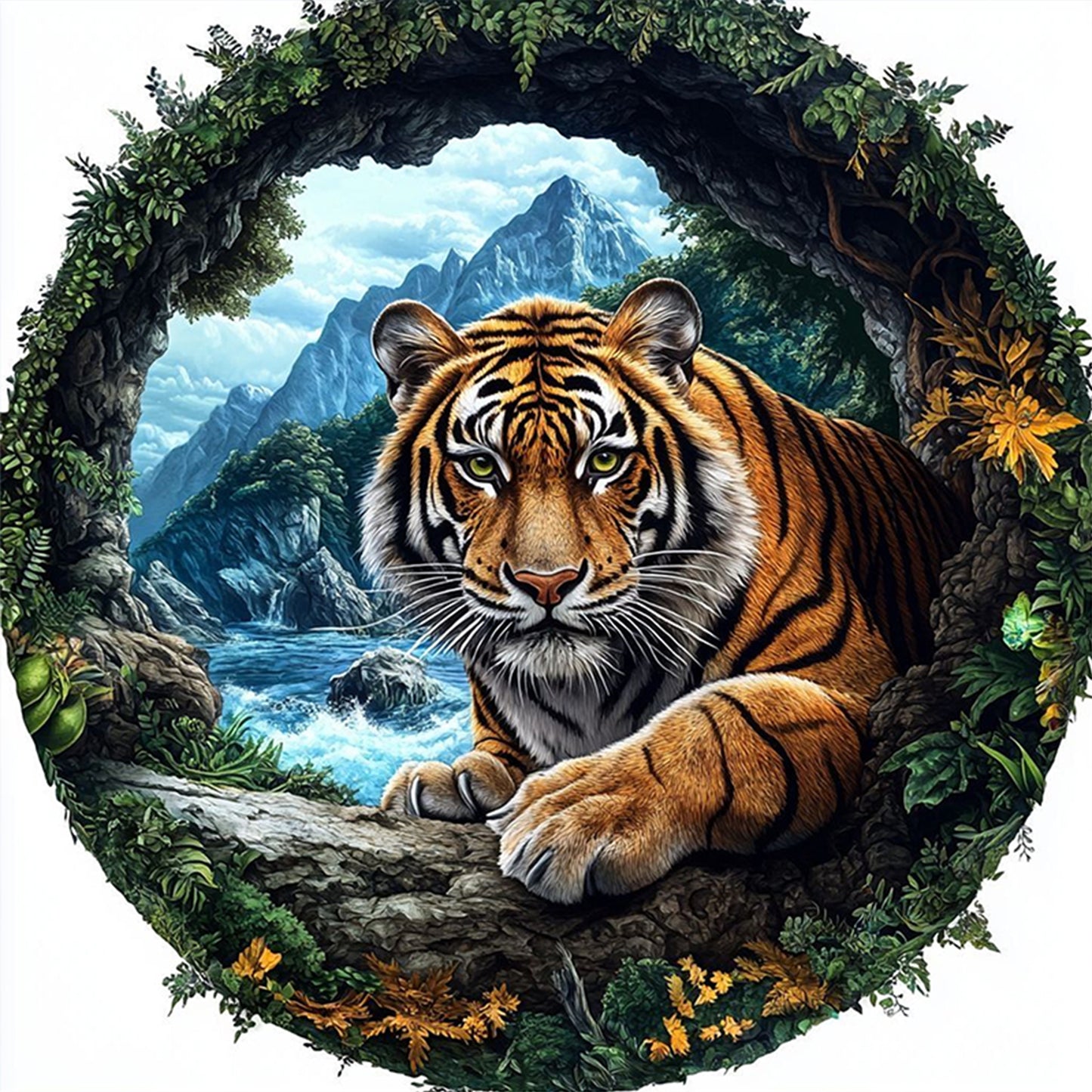Tiger In Nature Frame - Full 11CT Stamped Cross Stitch 40x40CM - Huacan