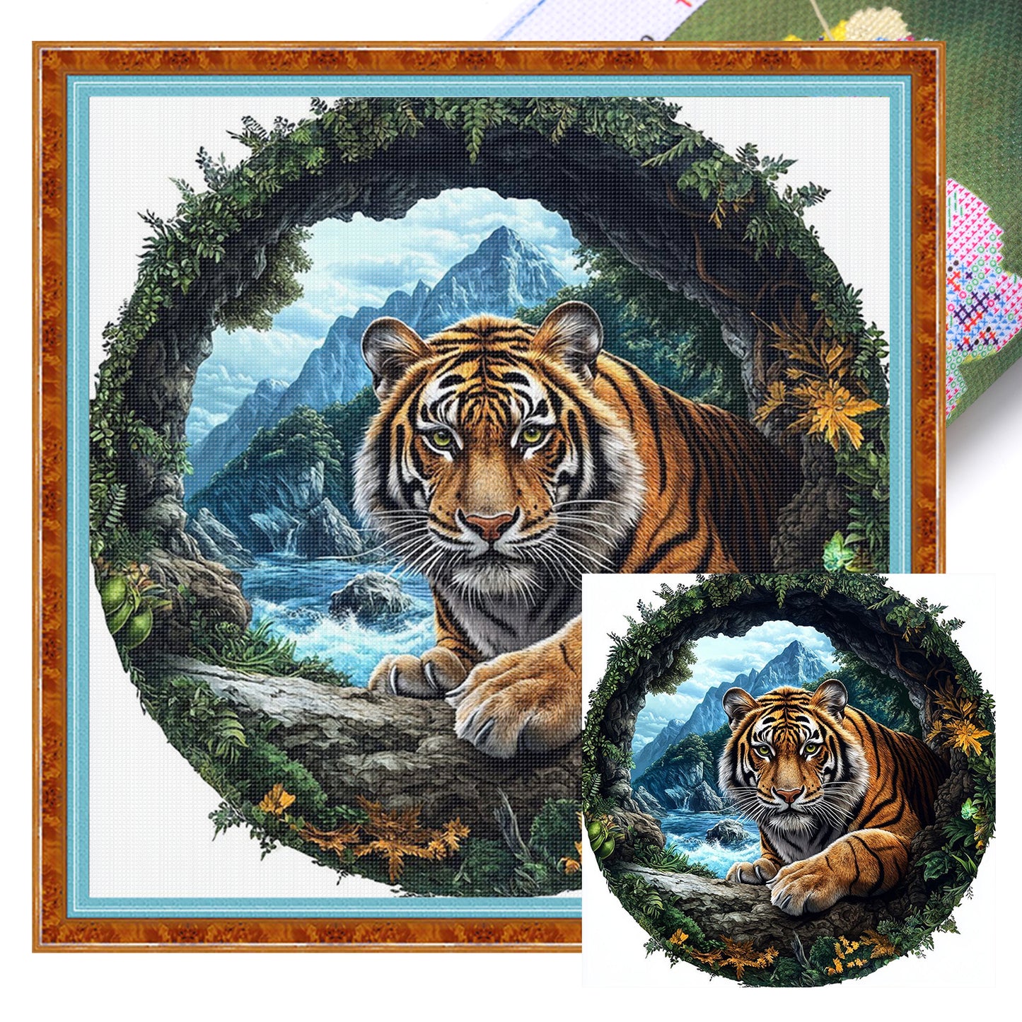 Tiger In Nature Frame - Full 11CT Stamped Cross Stitch 40x40CM - Huacan