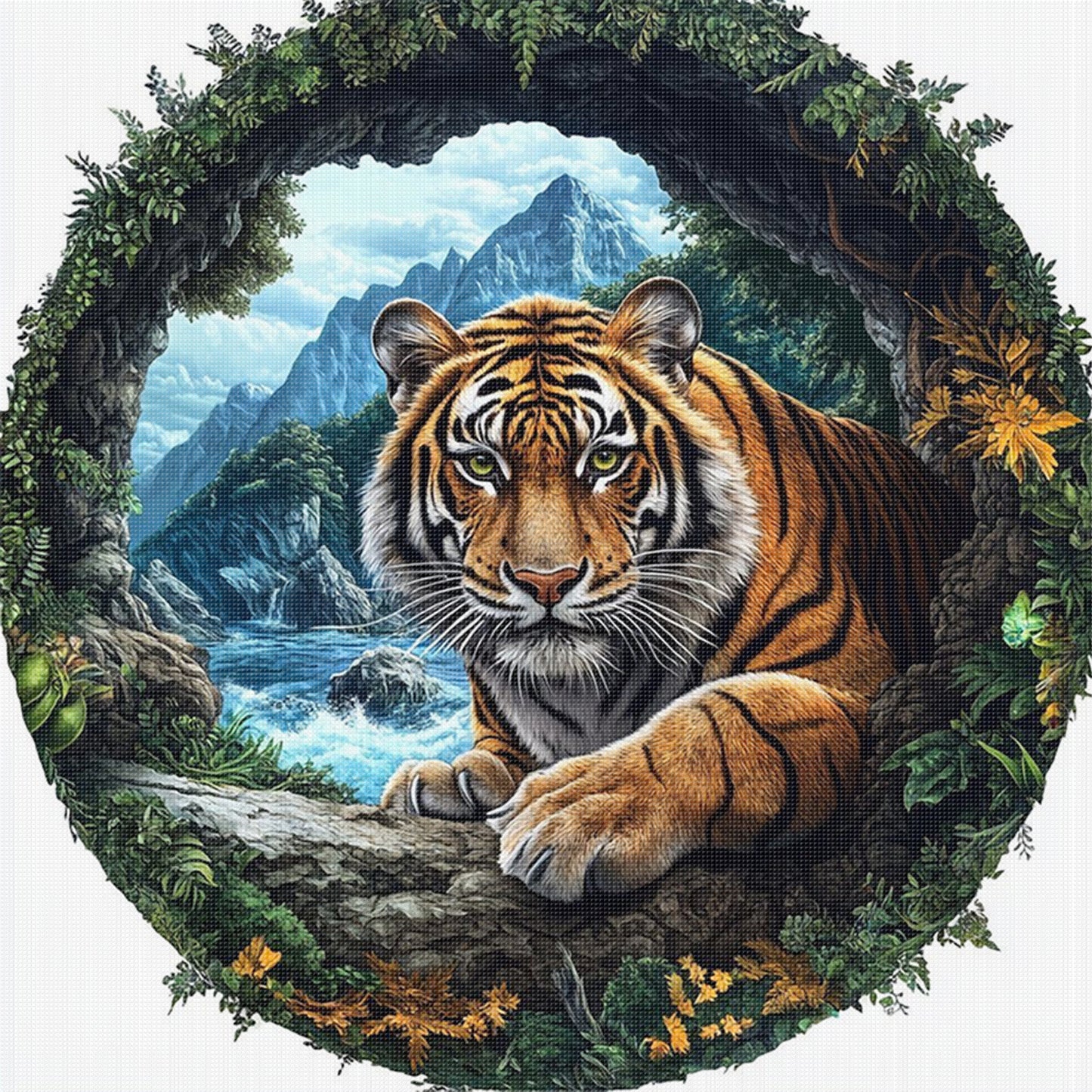Tiger In Nature Frame - Full 11CT Stamped Cross Stitch 40x40CM - Huacan