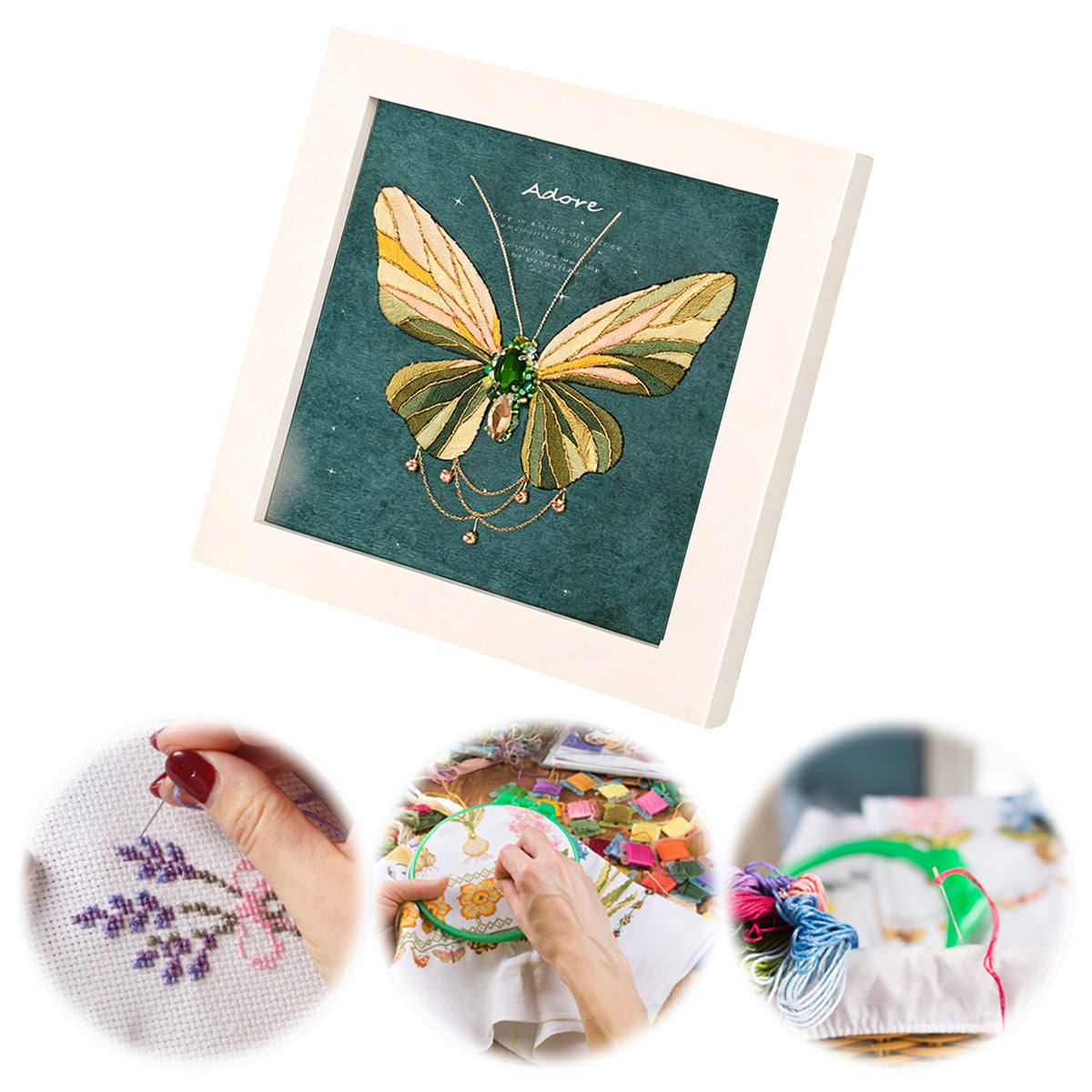 Beginners Needlepoint Kits with Tools Complete DIY Wall Decor Set Multi Purpose Handmade Creative Project for DIY Gift&Group Activity (Green Papillon White Frame)