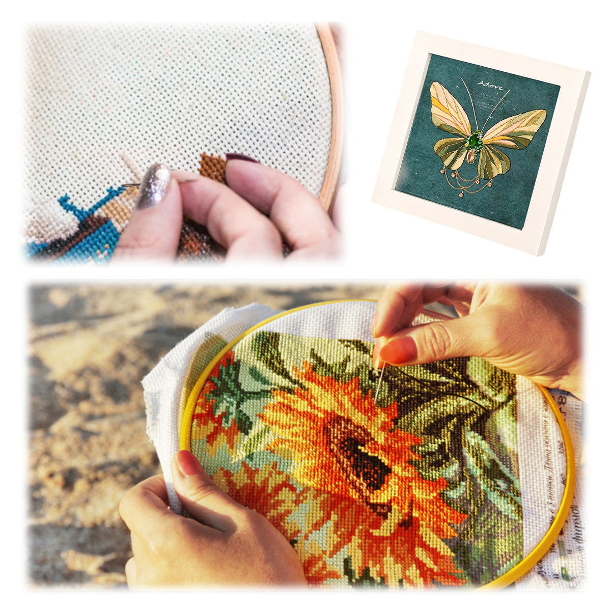 Beginners Needlepoint Kits with Tools Complete DIY Wall Decor Set Multi Purpose Handmade Creative Project for DIY Gift&Group Activity (Green Papillon White Frame)