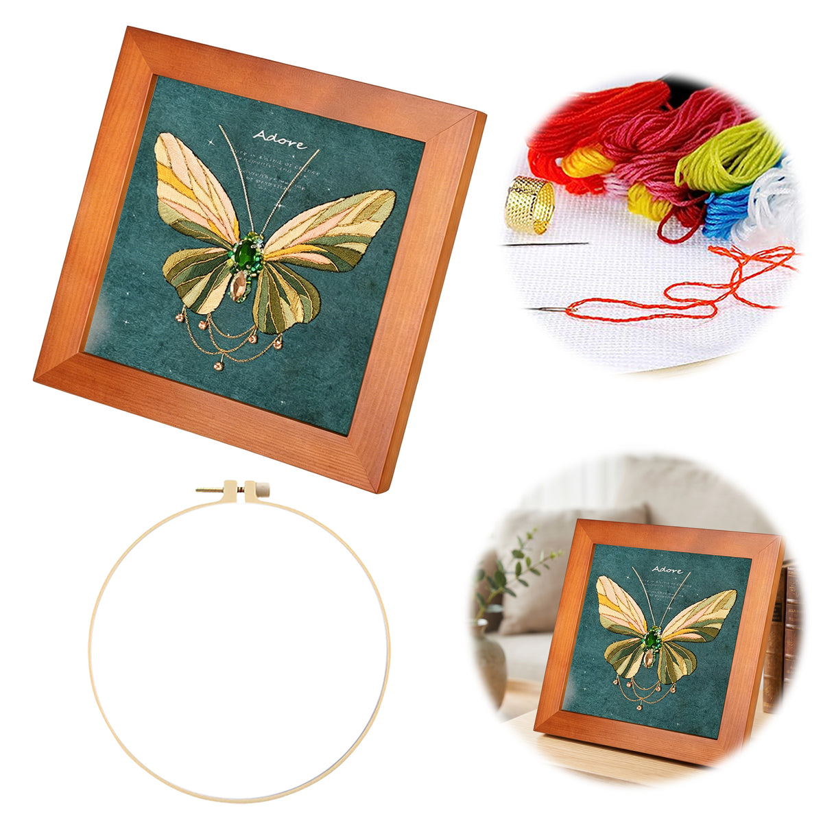 Beginners Needlepoint Kits with Tools Complete DIY Wall Decor Set Multi Purpose Handmade Creative Project for DIY Gift&Group Activity (Green Papillon Brown Frame)