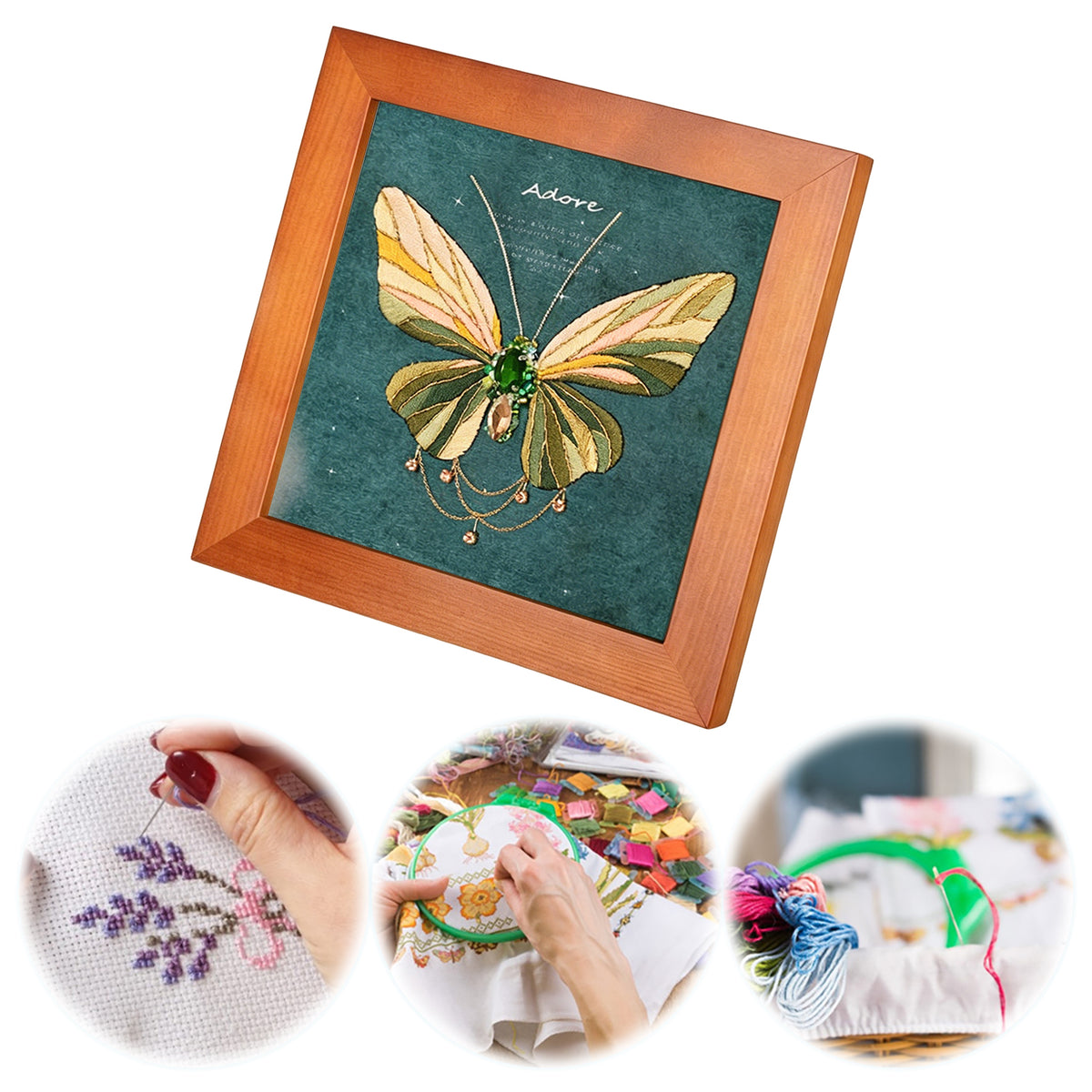 Beginners Needlepoint Kits with Tools Complete DIY Wall Decor Set Multi Purpose Handmade Creative Project for DIY Gift&Group Activity (Green Papillon Brown Frame)