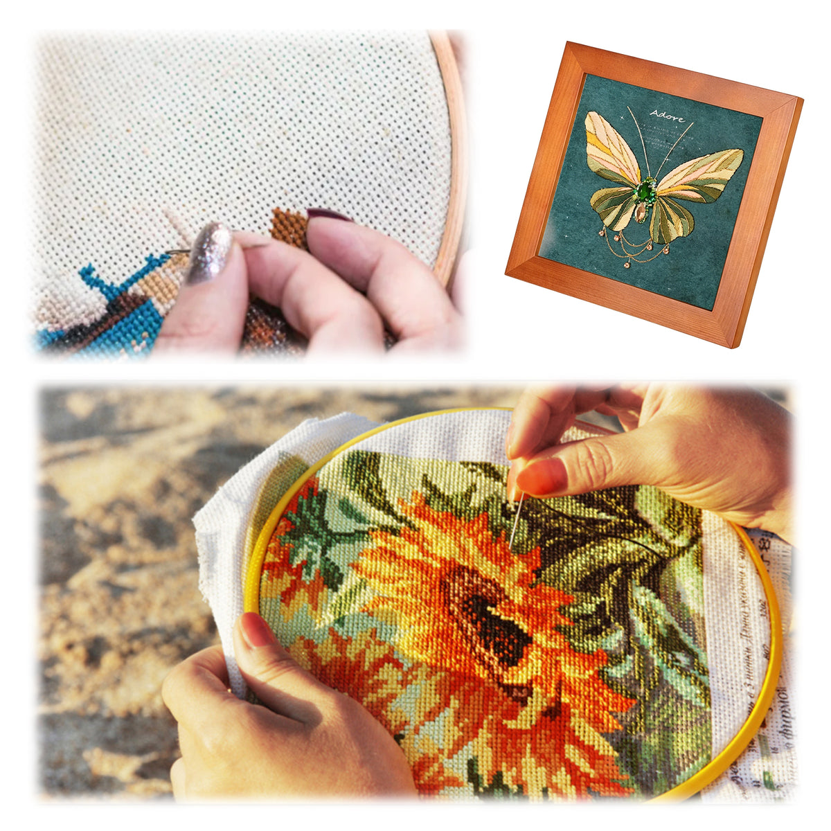 Beginners Needlepoint Kits with Tools Complete DIY Wall Decor Set Multi Purpose Handmade Creative Project for DIY Gift&Group Activity (Green Papillon Brown Frame)