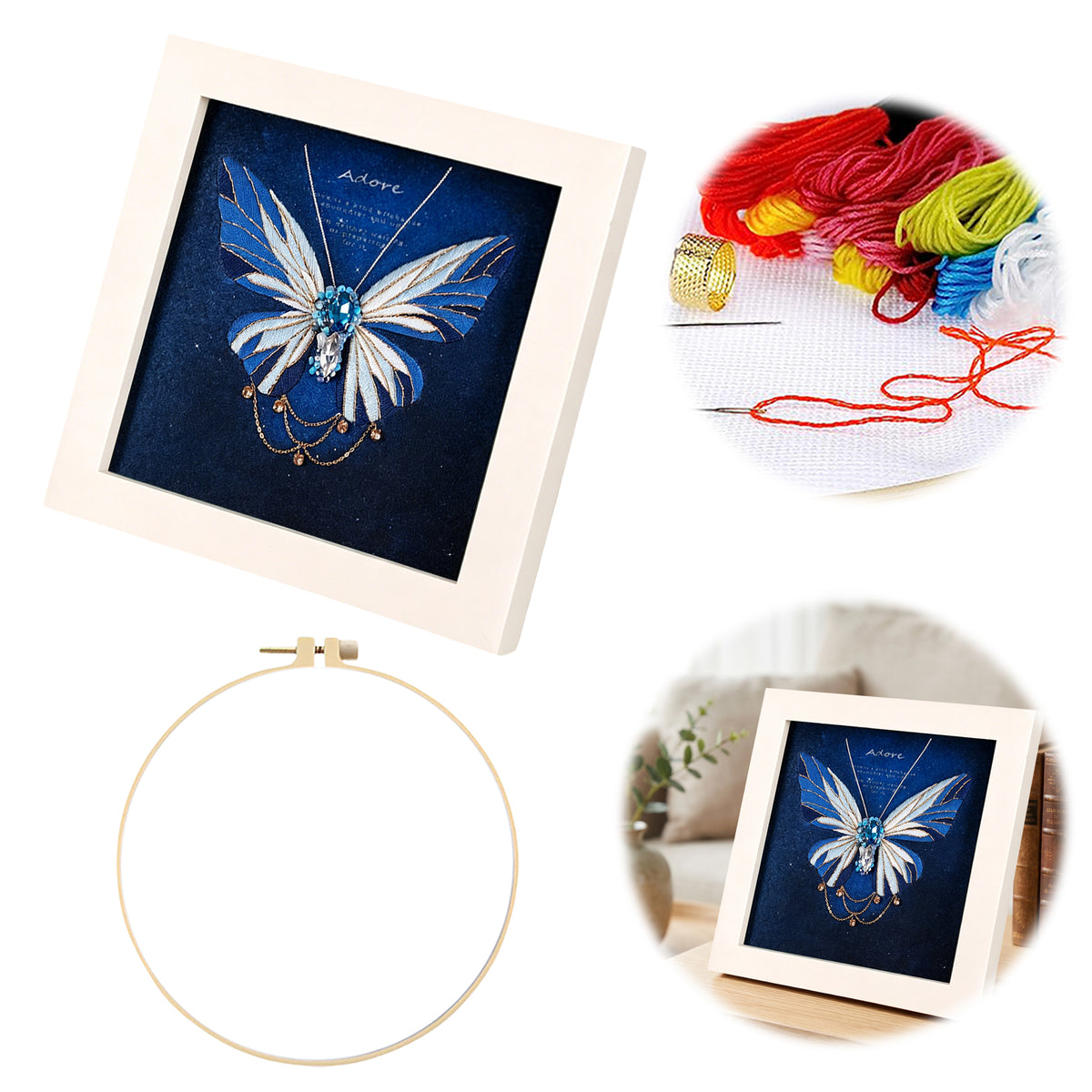 Beginners Needlepoint Kits with Tools Complete DIY Wall Decor Set Multi Purpose Handmade Creative Project for DIY Gift&Group Activity (Blue Papillon White Frame)
