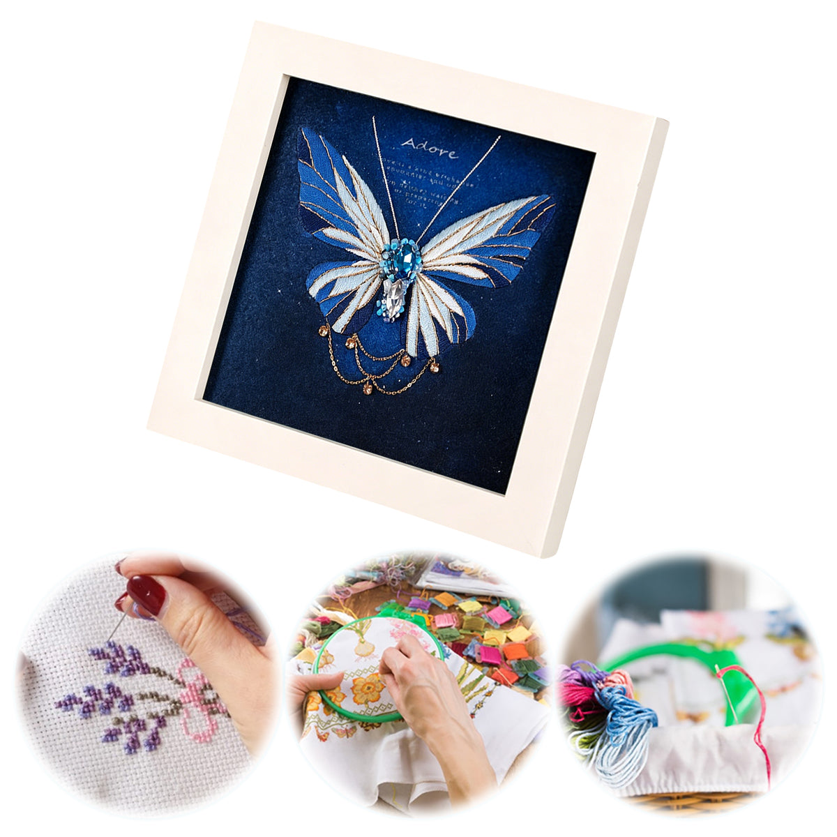 Beginners Needlepoint Kits with Tools Complete DIY Wall Decor Set Multi Purpose Handmade Creative Project for DIY Gift&Group Activity (Blue Papillon White Frame)