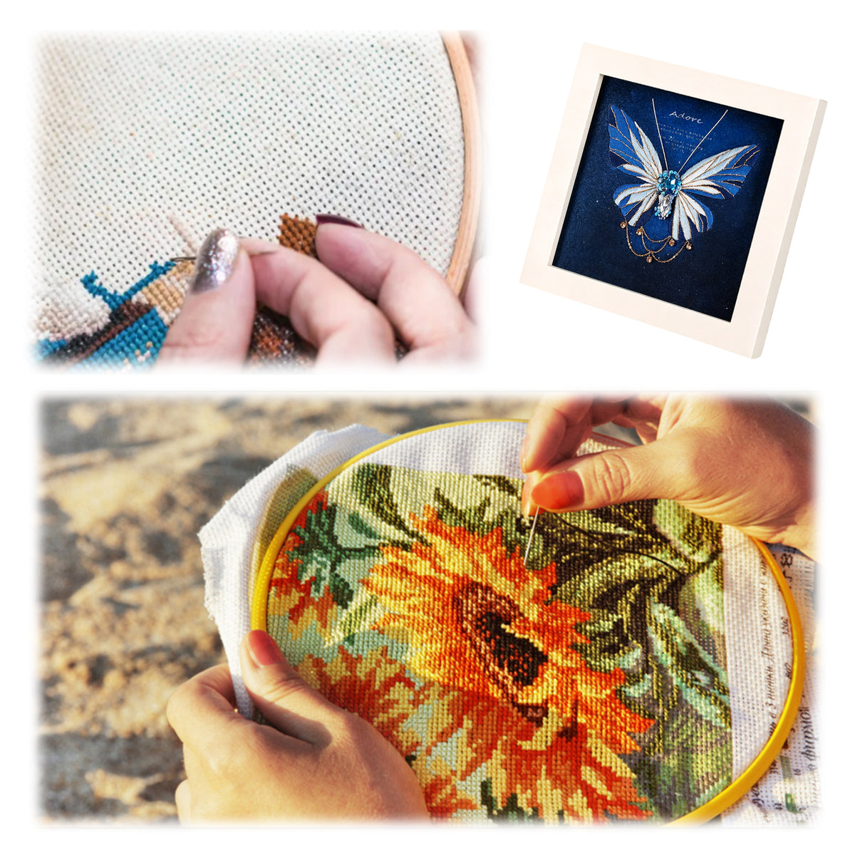 Beginners Needlepoint Kits with Tools Complete DIY Wall Decor Set Multi Purpose Handmade Creative Project for DIY Gift&Group Activity (Blue Papillon White Frame)