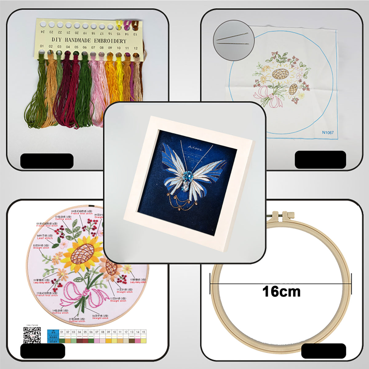 Beginners Needlepoint Kits with Tools Complete DIY Wall Decor Set Multi Purpose Handmade Creative Project for DIY Gift&Group Activity (Blue Papillon White Frame)