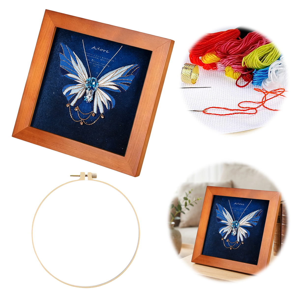 Beginners Needlepoint Kits with Tools Complete DIY Wall Decor Set Multi Purpose Handmade Creative Project for DIY Gift&Group Activity (Blue Papillon Brown Frame)