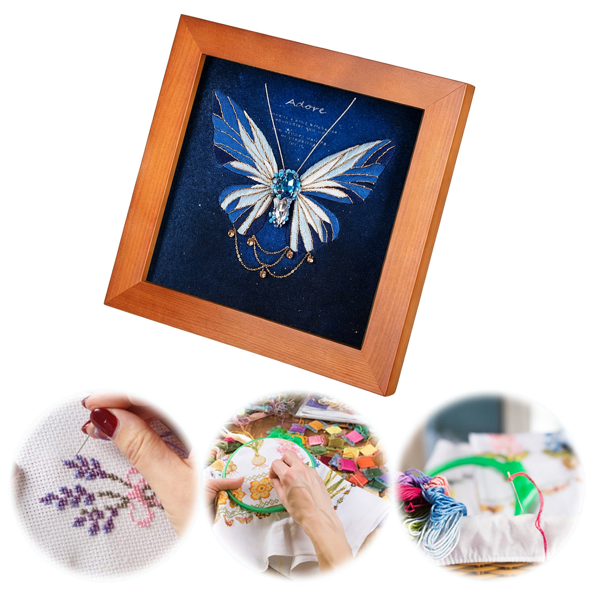 Beginners Needlepoint Kits with Tools Complete DIY Wall Decor Set Multi Purpose Handmade Creative Project for DIY Gift&Group Activity (Blue Papillon Brown Frame)