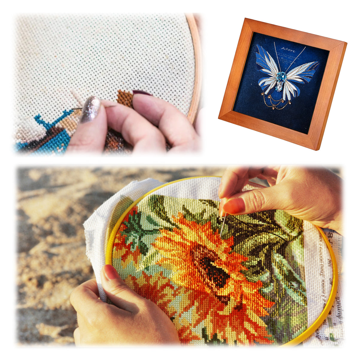 Beginners Needlepoint Kits with Tools Complete DIY Wall Decor Set Multi Purpose Handmade Creative Project for DIY Gift&Group Activity (Blue Papillon Brown Frame)