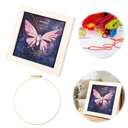 Beginners Needlepoint Kits with Tools Complete DIY Wall Decor Set Multi Purpose Handmade Creative Project for DIY Gift&Group Activity (Purple Papillon White Frame)
