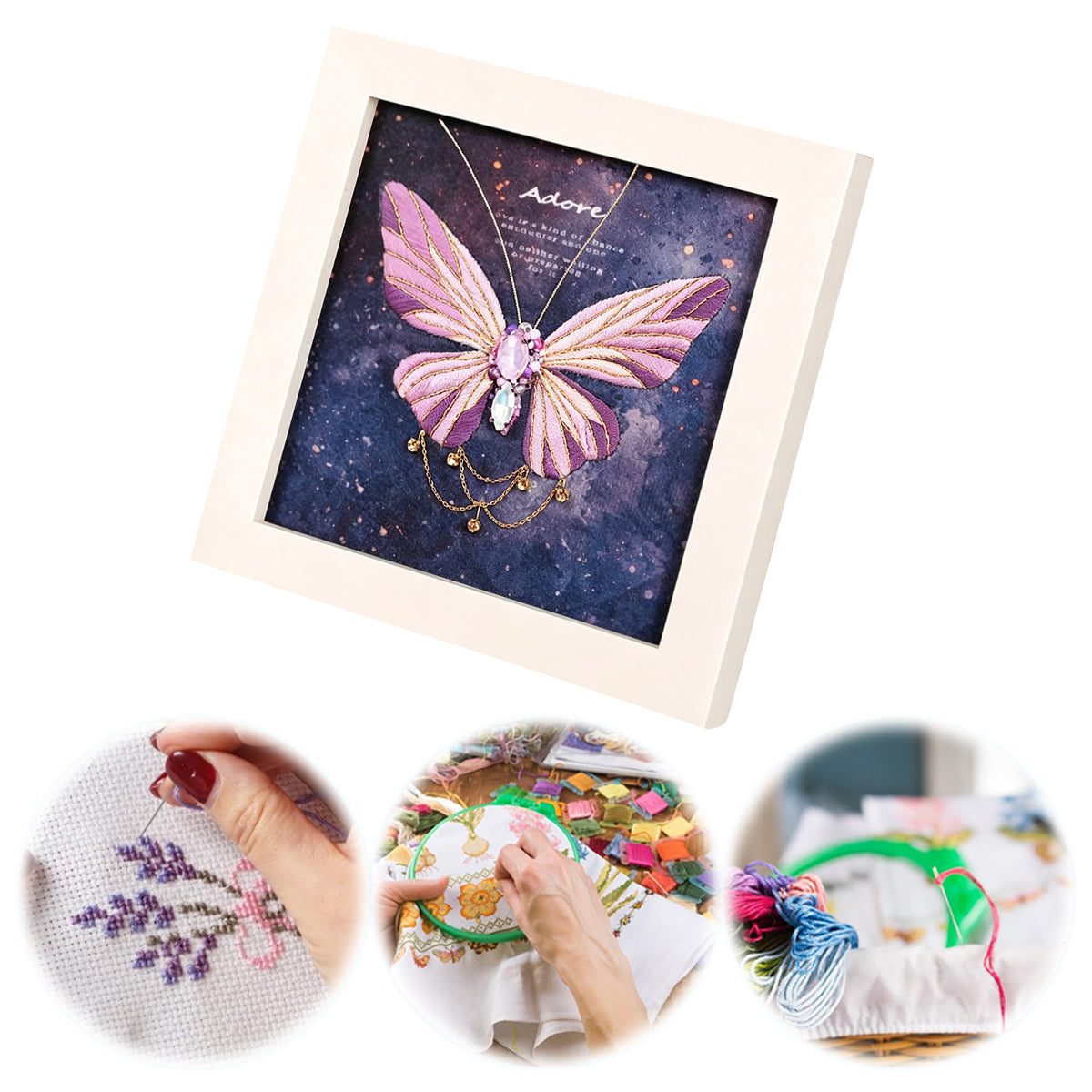 Beginners Needlepoint Kits with Tools Complete DIY Wall Decor Set Multi Purpose Handmade Creative Project for DIY Gift&Group Activity (Purple Papillon White Frame)